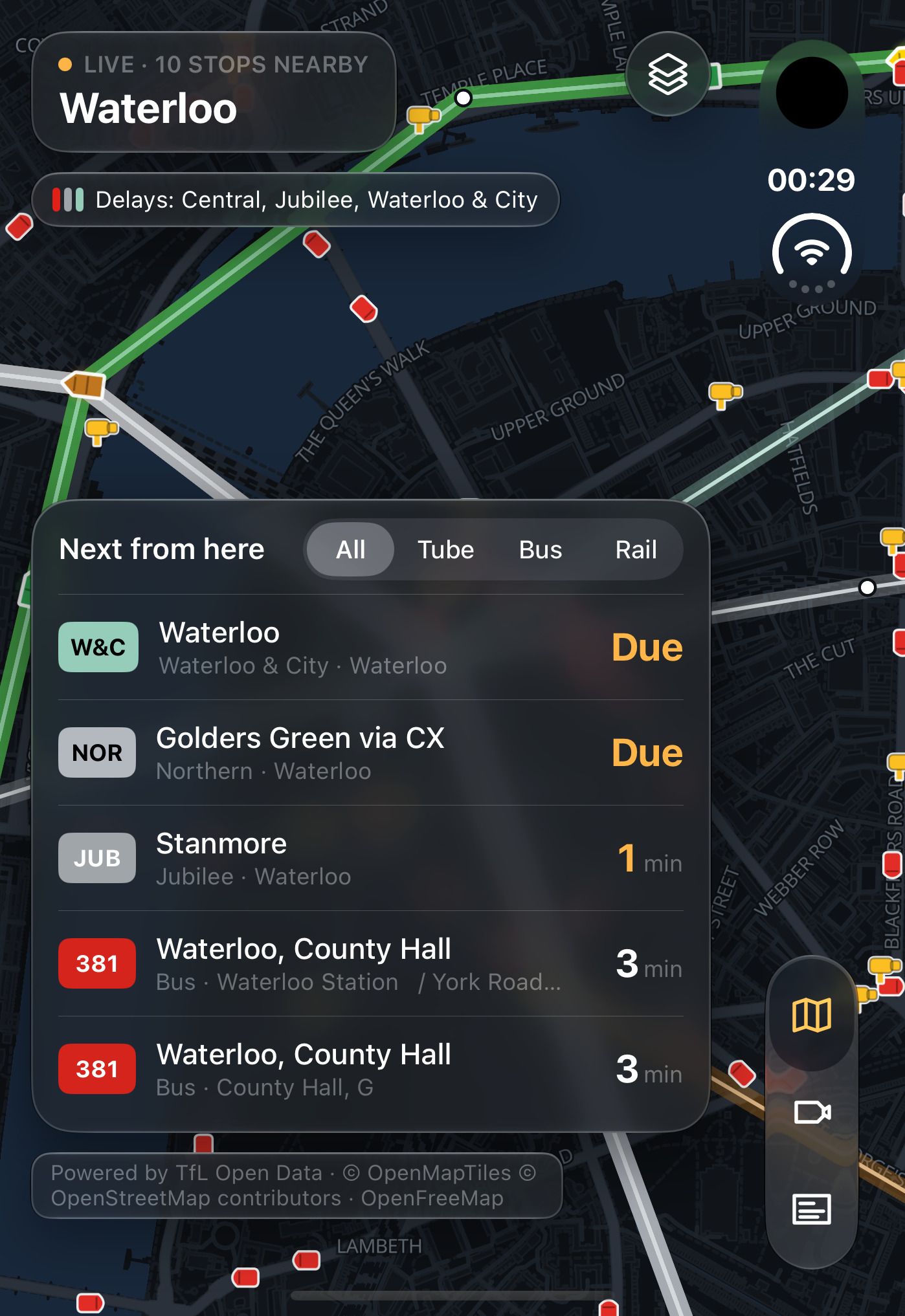 Argus Eyes on the closed iPhone Duo cover screen: Waterloo, with the next Tube and bus departures from nearby stops over a live map